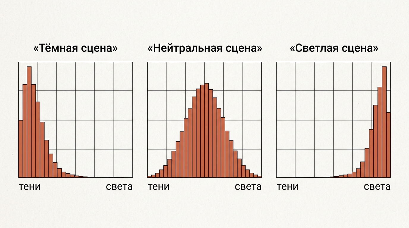 Три гистограммы: тёмная сцена смещена к теням, нейтральная собрана в середине, светлая смещена к светам