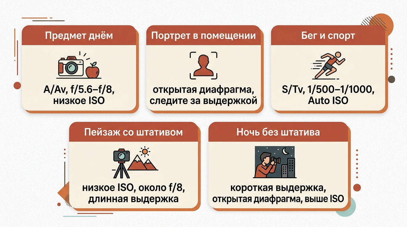 Пять карточек стартовых настроек: предмет днём, портрет в помещении, бег и спорт, пейзаж со штативом, ночь без штатива