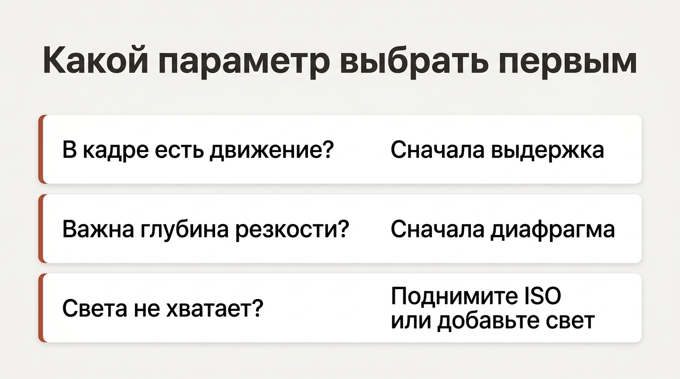 Схема: при движении сначала выбирают выдержку, при глубине резкости — диафрагму, при нехватке света — ISO или дополнительный свет