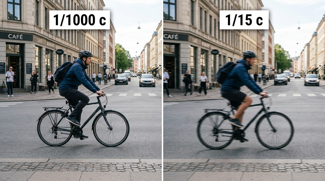Одна улица снята дважды: на 1/1000 секунды велосипедист резкий, на 1/15 секунды он размыт