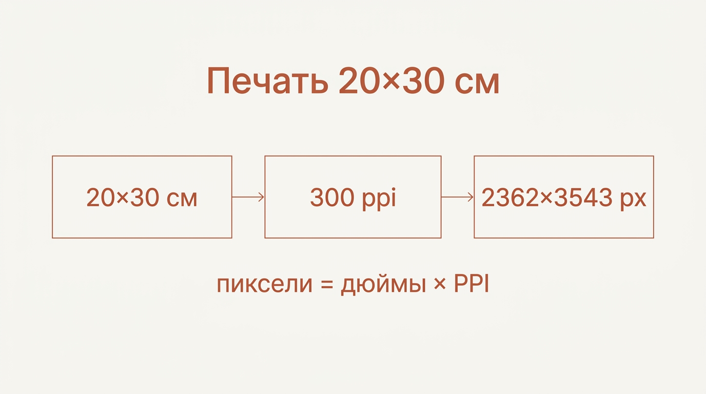 Расчёт печати 20 на 30 см при 300 ppi: около 2362 на 3543 пикселя