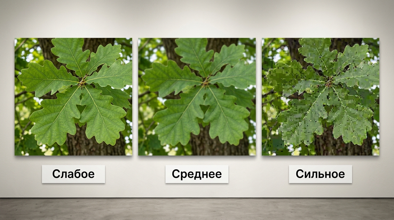 Один фрагмент листвы при слабом, среднем и сильном сжатии JPEG