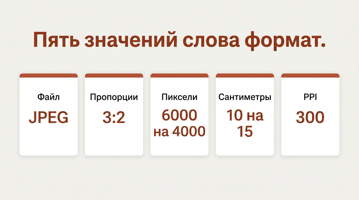 Пять разных значений слова формат: файл JPEG, пропорции 3:2, пиксели, сантиметры и PPI