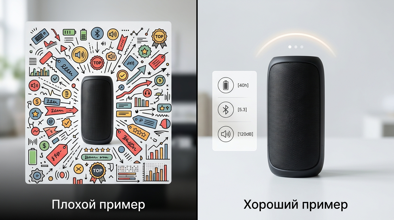 Пример перегруженной карточки товара с избытком текста и графики