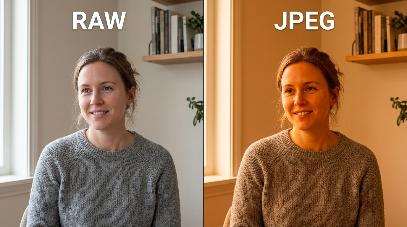 Один портрет с ошибочным тёплым балансом белого: слева RAW исправлен, справа JPEG остаётся оранжевым