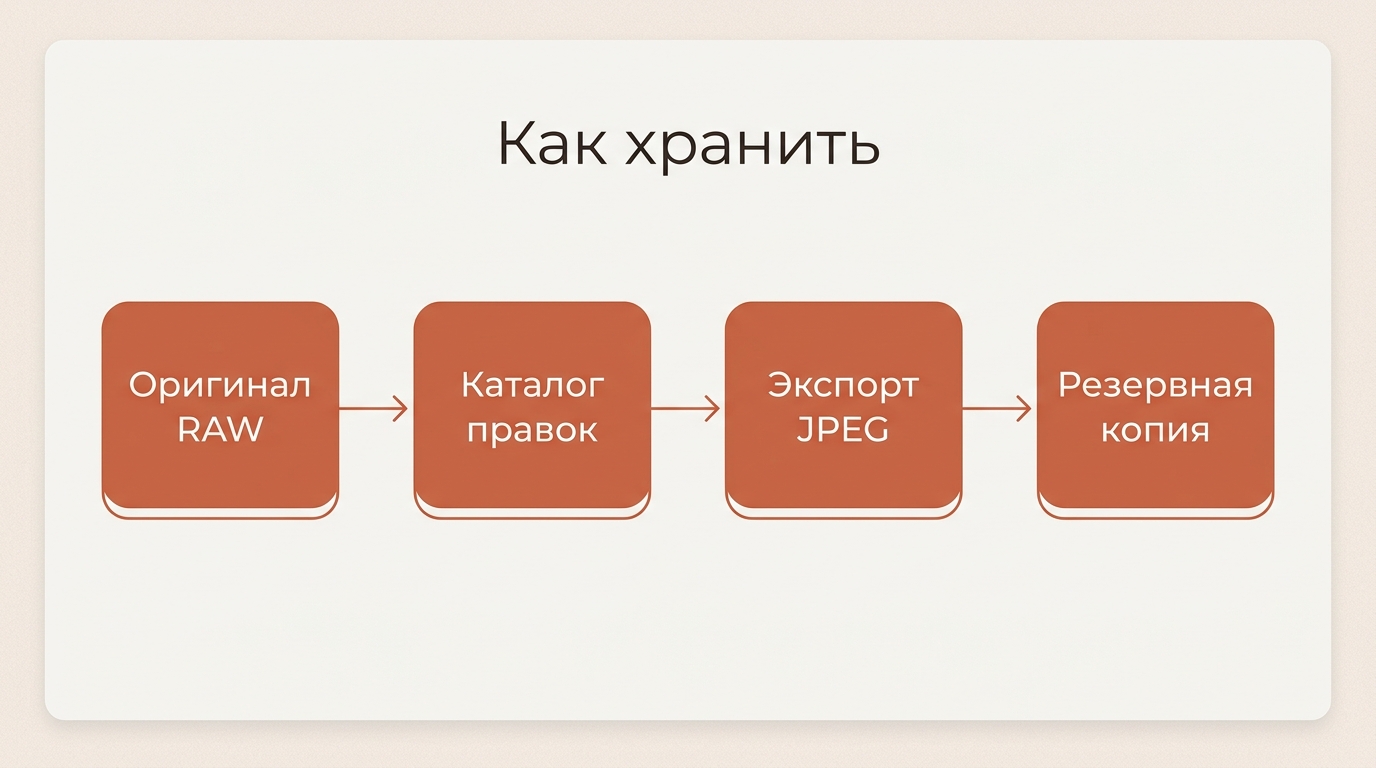 Схема хранения: оригинал RAW, каталог правок, экспорт JPEG и резервная копия