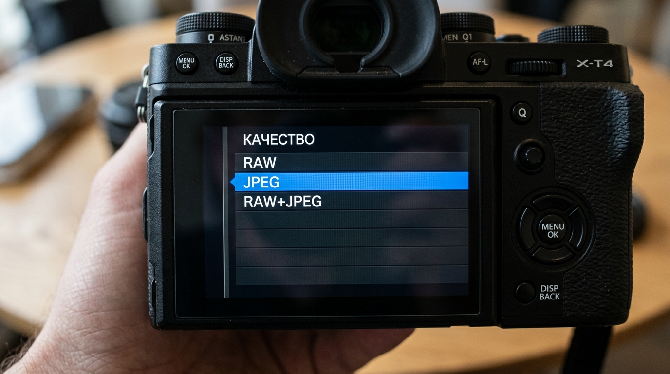 Меню камеры «Качество»: пункты RAW, JPEG и RAW+JPEG, выбран JPEG