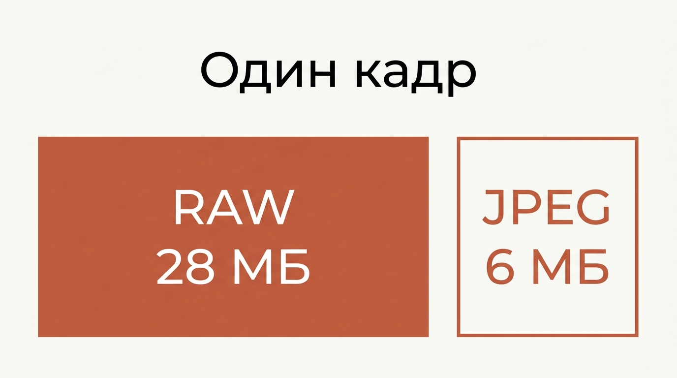 Один кадр: RAW занимает 28 мегабайт, JPEG — 6 мегабайт