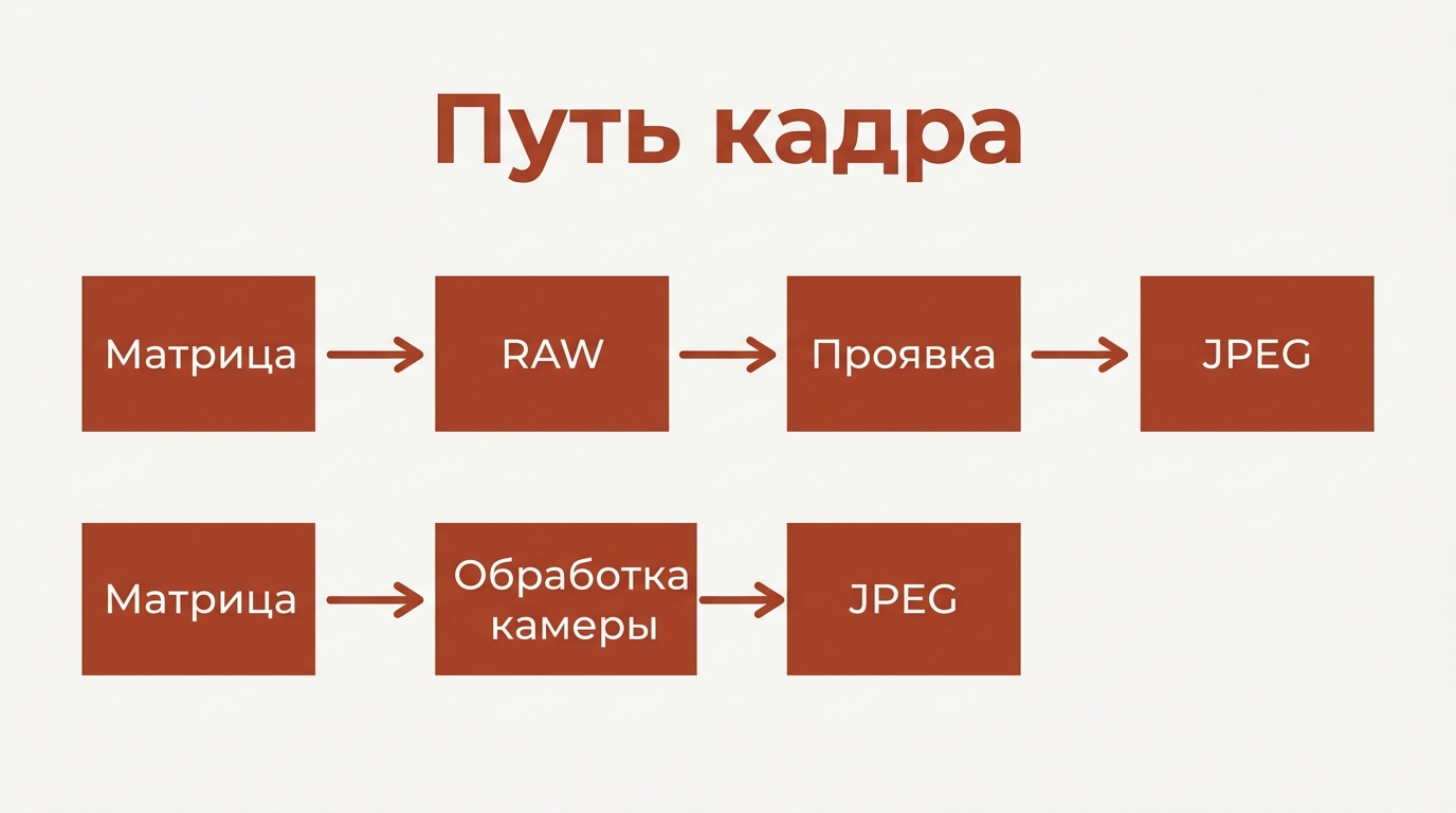 Два пути кадра: матрица, RAW, проявка и JPEG либо матрица, обработка камеры и JPEG