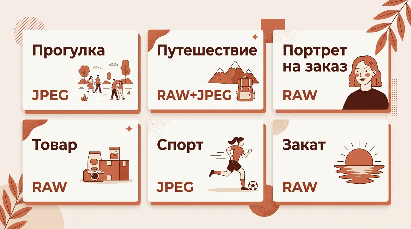 Шесть ситуаций: прогулка и спорт в JPEG, путешествие в RAW+JPEG, портрет, товар и закат в RAW