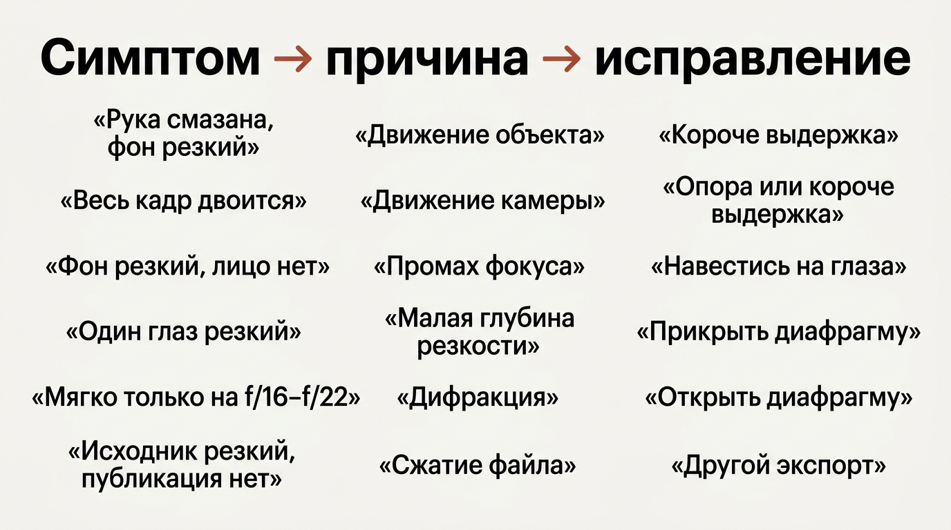 Таблица: симптом нерезкости, вероятная причина и что исправлять