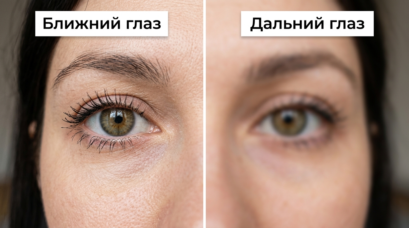 Крупно два глаза: ближний резкий, дальний уже мягкий