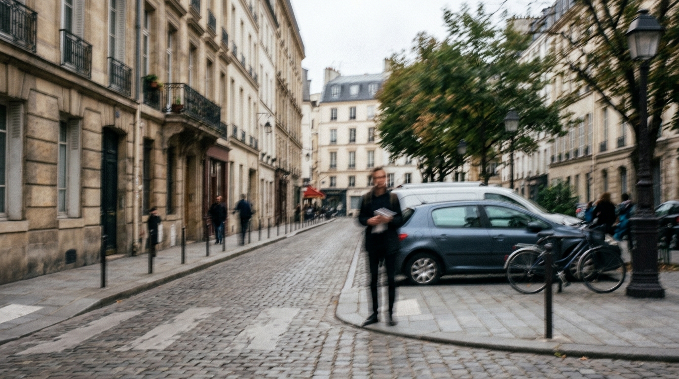 Улица целиком смазана в одну сторону: двоятся и дома, и человек, и машина