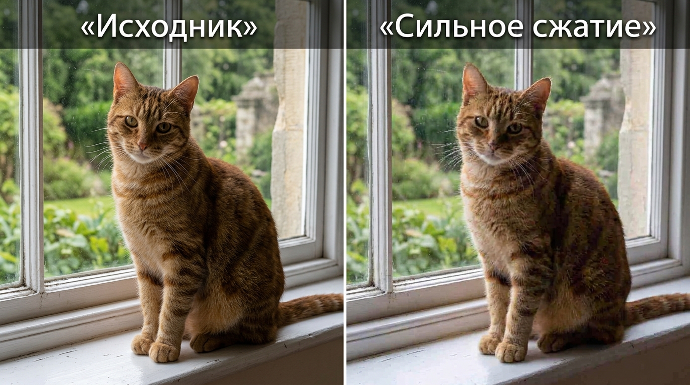 Один и тот же кадр с котом: слева исходник, справа версия с сильными блоками сжатия
