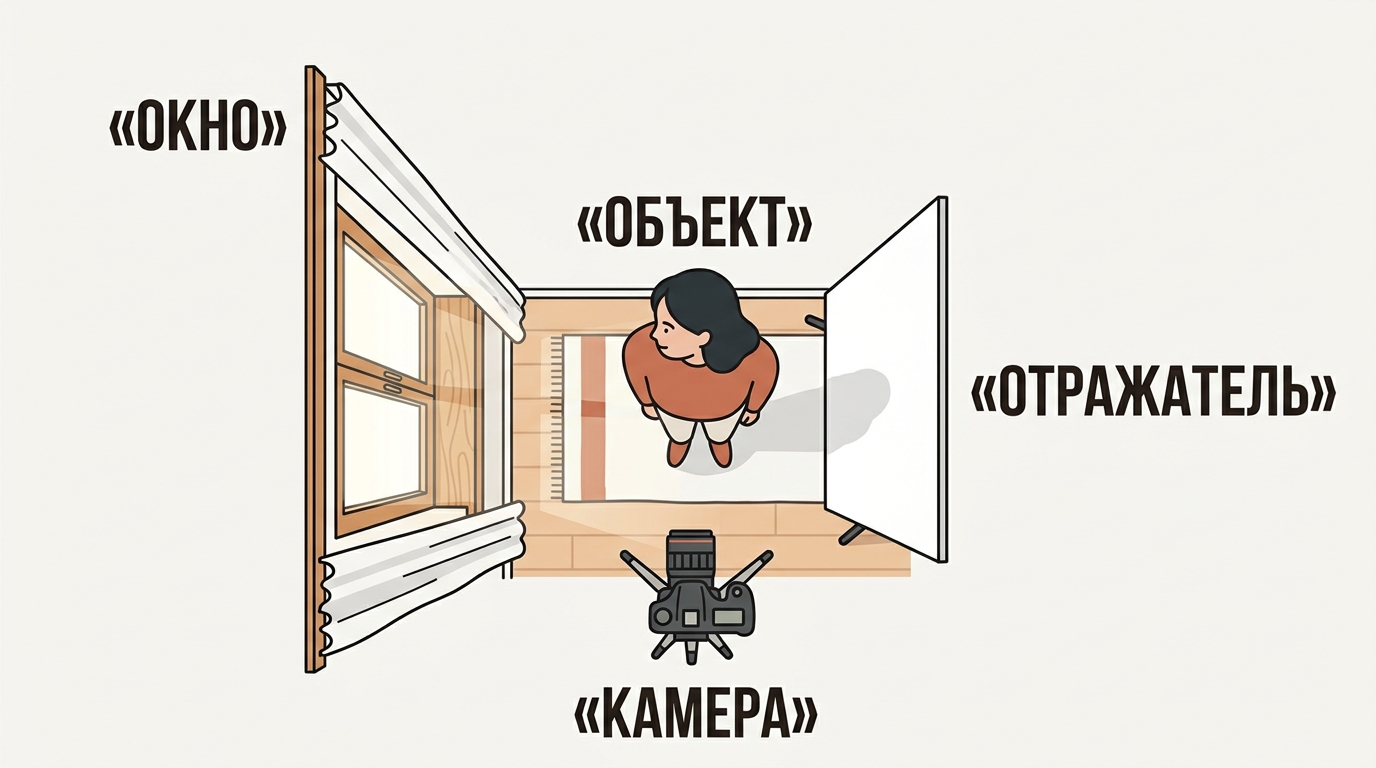Вид сверху: окно слева, человек в центре, белый отражатель справа и камера спереди