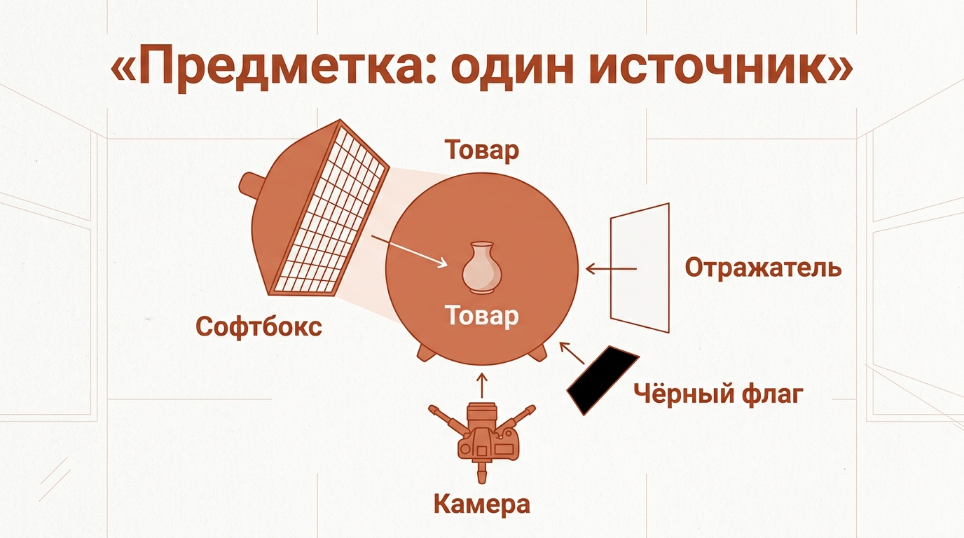Схема сверху: товар на столе, софтбокс сбоку, отражатель напротив, чёрный флаг и камера на штативе
