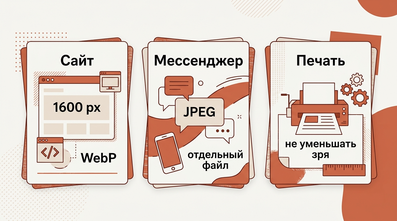Три карточки экспорта: сайт 1600 px и WebP, мессенджер JPEG отдельным файлом, печать без лишнего уменьшения